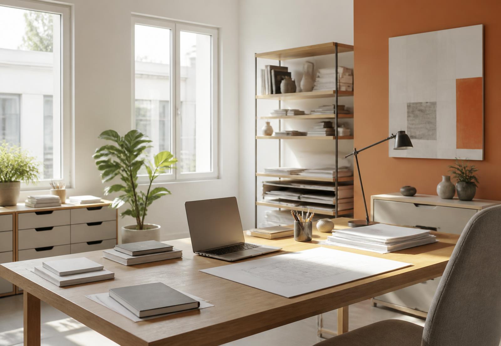 Licht kantoor van een creatieve studio met een warme oranje accentwand